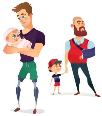 A man holding his baby and a father with a broken arm holding his son's hand.