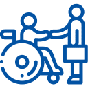 Icon of a person in a wheelchair shaking the hand of a businessman.